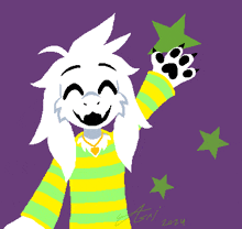 a drawing of a goat wearing a yellow and green striped shirt with a paw print