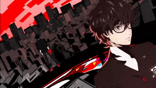 a drawing of a boy with glasses and a city in the background