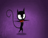 a black cat with a red bow around its neck is on a purple background .