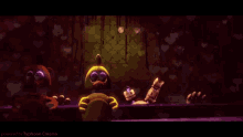 a group of stuffed animals are standing in a dark room with hearts in the background