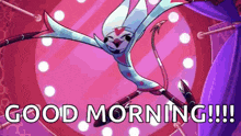 a cartoon character is jumping in the air with the words `` good morning '' written below it .