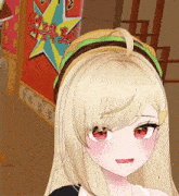a blonde anime girl wearing a headband with a hamburger on top