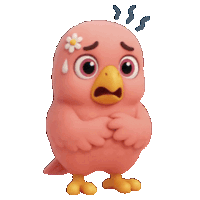 a pink cartoon bird with a yellow beak and a flower on its head