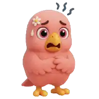 a pink cartoon bird with a yellow beak and a flower on its head