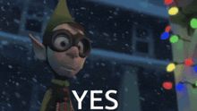 a cartoon elf says yes in front of a building
