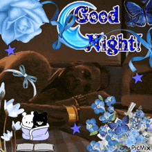 a picture of a man sleeping with the words good night written above him