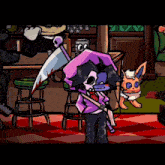 a cartoon character is holding a bloody knife