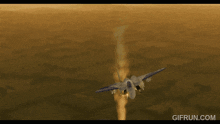 a fighter jet is flying over a field with missiles coming out of it and the website gifrun.com is below it