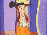 a cartoon character wearing an orange dress and a hat is standing in front of a mirror