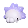 a white and purple object with spikes on it is floating in the air .