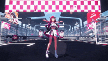 a girl stands in front of a checkered banner that says thank you