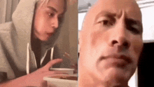 a woman in a hoodie is eating a bowl of food next to a man with a serious look on his face .