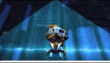 a cartoon character with a mustache and goggles stands in a dark room