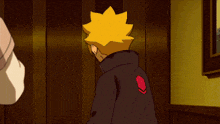 a cartoon character with yellow hair and blue eyes is standing in a hallway