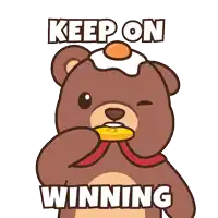 a teddy bear is holding a gold coin and the words keep on winning are above it