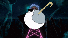 a cartoon drawing of a moon with a cane sticking out of it 's mouth