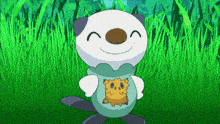 a cartoon otter is standing in a field of grass