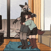 a cartoon of two furry animals hugging each other in a living room