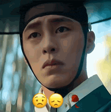 a close up of a man 's face with a sad smiley face next to him