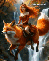 a woman is riding on the back of a fox in front of a waterfall .