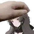 a hand is holding a piece of paper over the head of a girl .