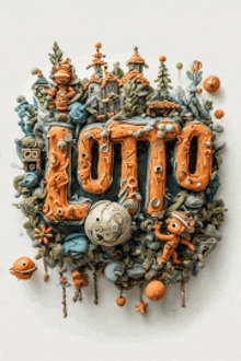 a sculpture of the word lotto surrounded by animals and plants