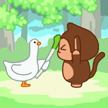 a cartoon of a monkey and a duck with a green stick