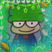 a cartoon character with a green hat and overalls is surrounded by corn on the cob and hearts