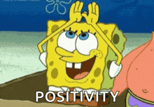 spongebob squarepants is smiling and holding his hands over his head while patrick star is standing behind him .