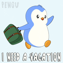 a penguin is carrying a green suitcase with the words i need a vacation below it