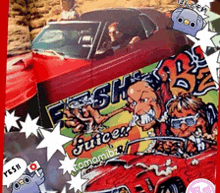 a red car with the words fresh juice on the side
