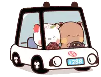 a cartoon drawing of two bears in a car with the license plate number 1288