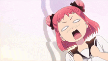 a cartoon girl with pink hair is making a funny face