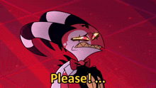 a cartoon character with horns and a bow tie says " please "