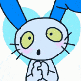 a cartoon bunny with blue ears and yellow eyes is smiling