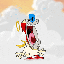 a cartoon character with a blue face and a halo on his head is screaming