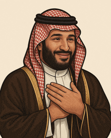 a man with a beard wearing a keffiyeh is smiling