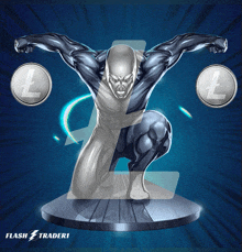 a statue of silver surfer holding two coins with a l on them