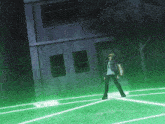 a man is standing on a green tennis court in front of a building that says ' a ' on it
