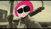a cartoon character with pink hair and sunglasses has a noose around her neck