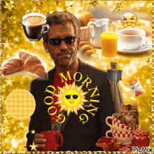 a picture of a man holding a cup of coffee with the words good morning written on it