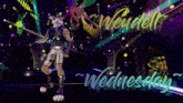 a poster for wednesday with a wolf holding a wand