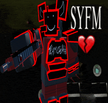 a robot with a broken heart and the word syfm in the background