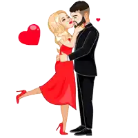 a cartoon of a man and a woman kissing with hearts in the background