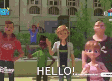 a group of cartoon characters are standing in front of a building and saying hello
