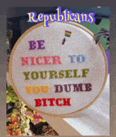 a cross stitched sign that says be nicer to yourself you dumb bitch