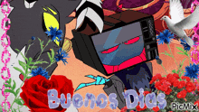 a cartoon character with a television head and the words buenos dias