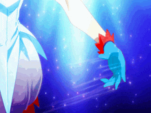 a person wearing a blue glove with a red flower on it