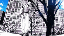 a black and white drawing of a man in front of a tall building