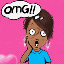 a cartoon of a woman with a speech bubble that says omg on it